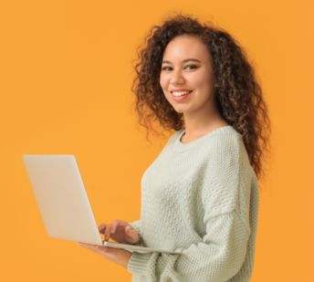 Better Ads Inc Customer - Woman With Laptop on Orange Background