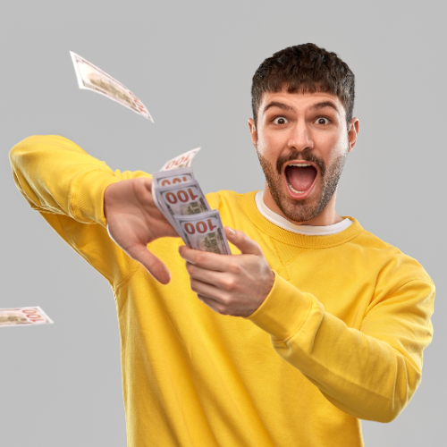 Better Ads Inc Customer - Man With Dollar Bills on Gray Background